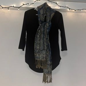 Blue and gold floral print scarf.